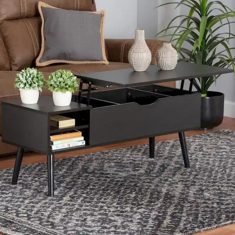 Modern Two-Tone Black and Espresso Brown Finished Wood Coffee Table with Lift-Top Storage Compartment