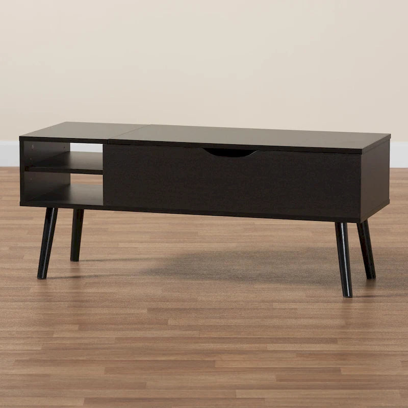 Modern Two-Tone Black and Espresso Brown Finished Wood Coffee Table with Lift-Top Storage Compartment