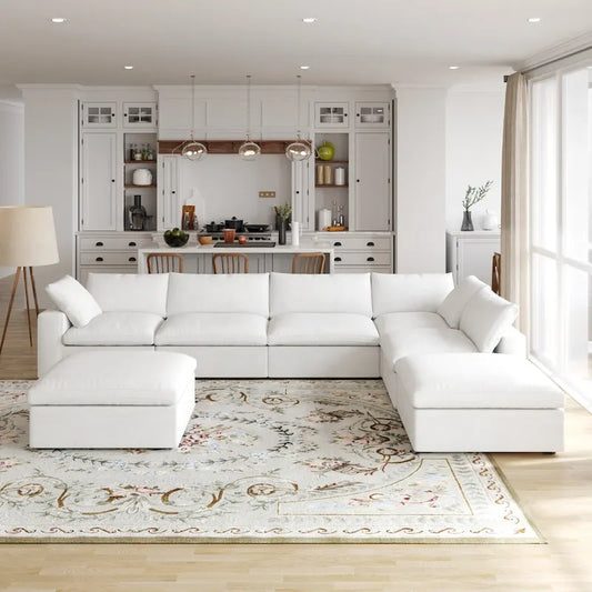 160 in. Free Combination Overstuffed Down Filled Comfort Linen U-shape 6-Seat Sofa Modular Sectional with Ottoman
