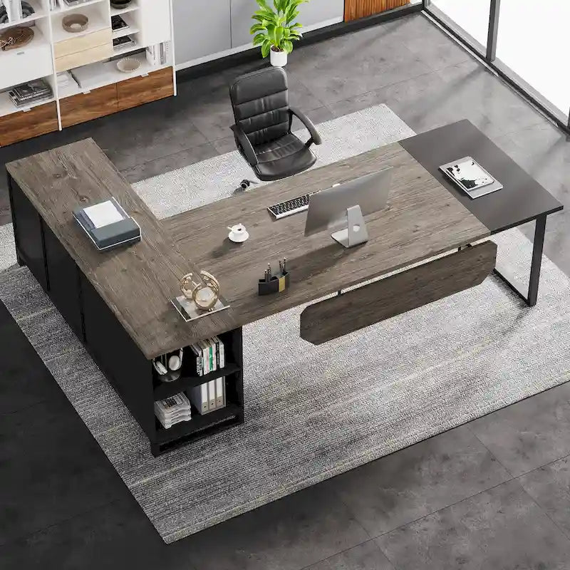 70.8 Executive Desk L-Shaped Office Computer Desk with 55 File Cabinet