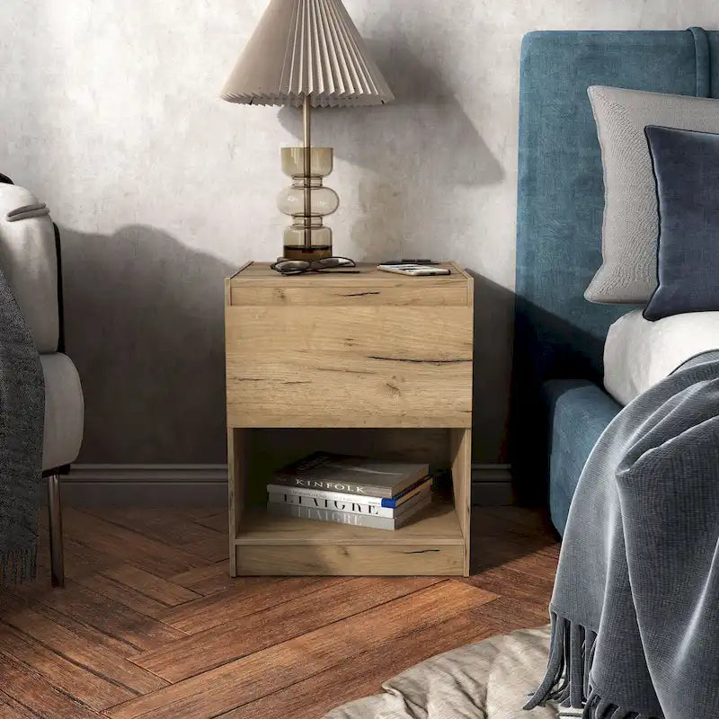 Rustic Light Oak 1-Drawer Nightstand with Charge Stand and Open Shelf