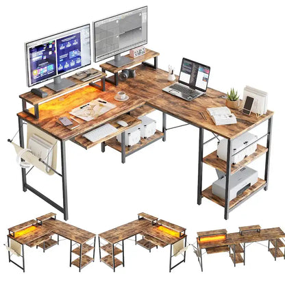 L Shaped Desk LED 95.2 Inch Computer Corner Desk with Keyboard Tray Monitor Stand