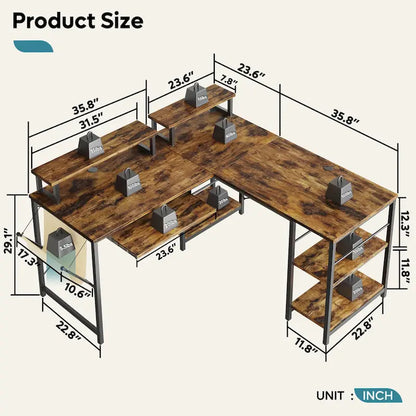 L Shaped Desk LED 95.2 Inch Computer Corner Desk with Keyboard Tray Monitor Stand