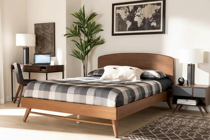 Walnut Brown Full Size Platform Bed with Curved Headboard