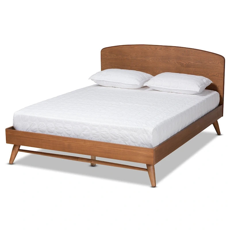 Walnut Brown Full Size Platform Bed with Curved Headboard