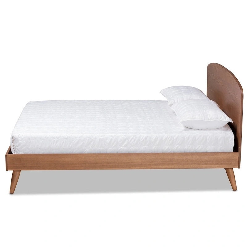 Walnut Brown Full Size Platform Bed with Curved Headboard