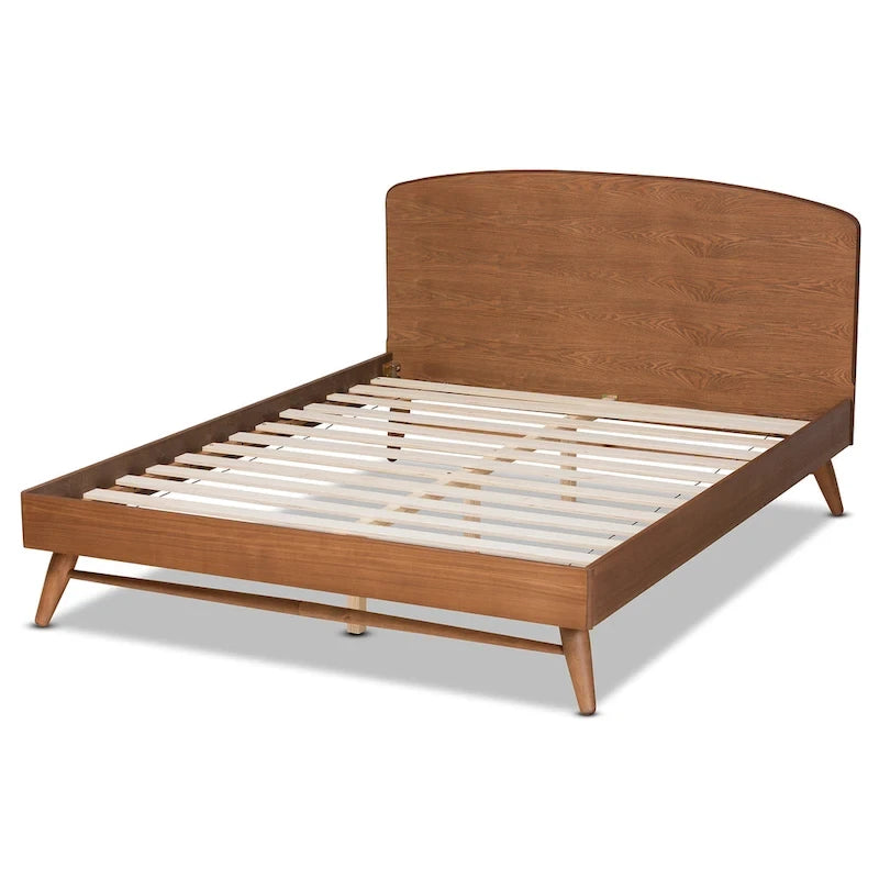 Walnut Brown Full Size Platform Bed with Curved Headboard