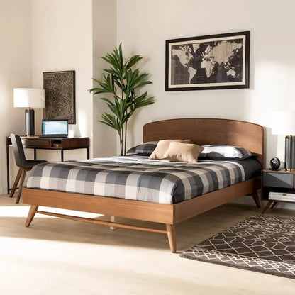 Walnut Brown Full Size Platform Bed with Curved Headboard