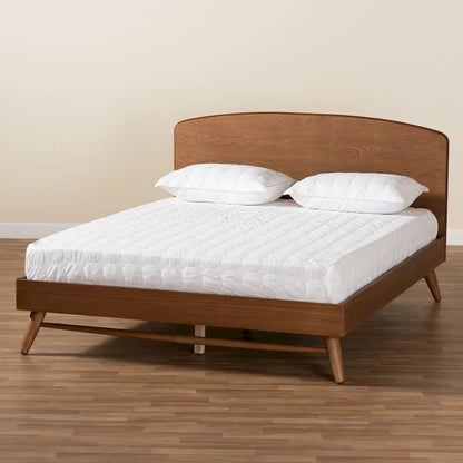 Walnut Brown Full Size Platform Bed with Curved Headboard