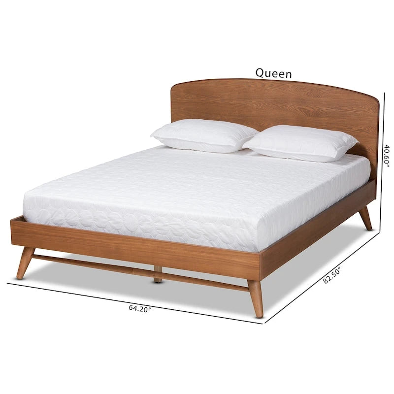 Walnut Brown Full Size Platform Bed with Curved Headboard