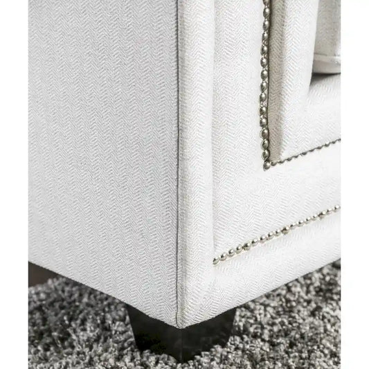 Contemporary White Chenille Nailhead Upholstered Sofa