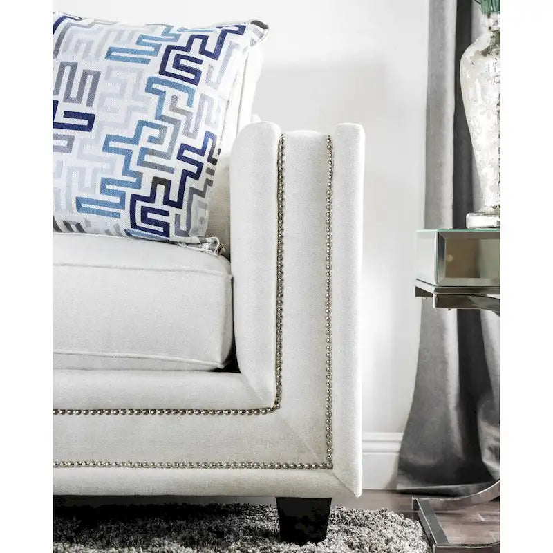 Contemporary White Chenille Nailhead Upholstered Sofa