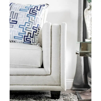 Contemporary White Chenille Nailhead Upholstered Sofa