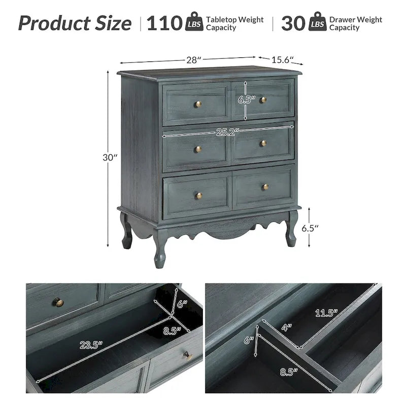 Farmhouse 30Tall Distressed 3-Drawer Nightstand With Solid Wood Legs and Adjustable Feet