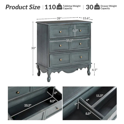 Farmhouse 30Tall Distressed 3-Drawer Nightstand With Solid Wood Legs and Adjustable Feet