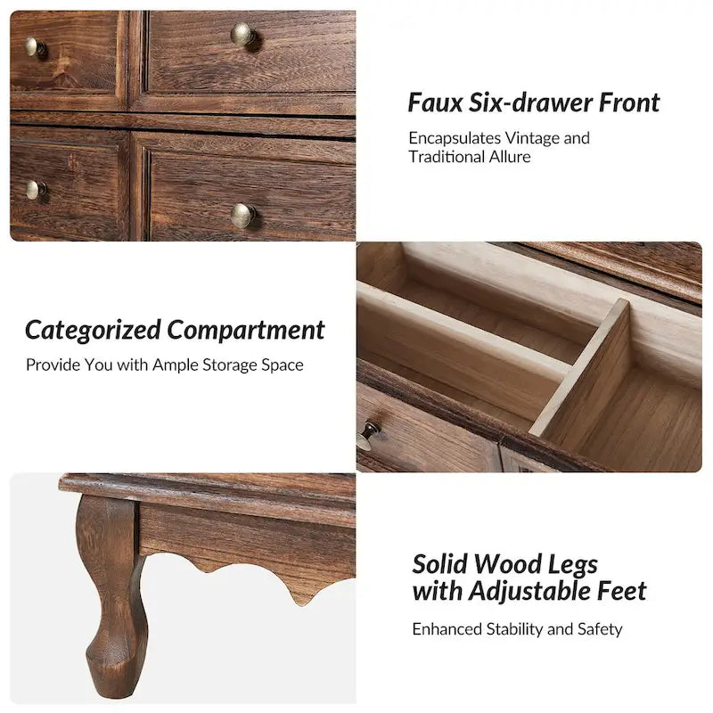 Farmhouse 30Tall Distressed 3-Drawer Nightstand With Solid Wood Legs and Adjustable Feet