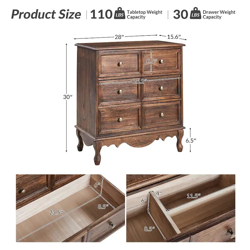 Farmhouse 30Tall Distressed 3-Drawer Nightstand With Solid Wood Legs and Adjustable Feet
