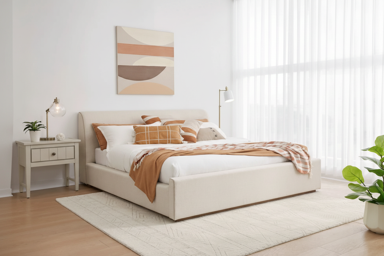 Upholstered Platform Bed in Natural Linen