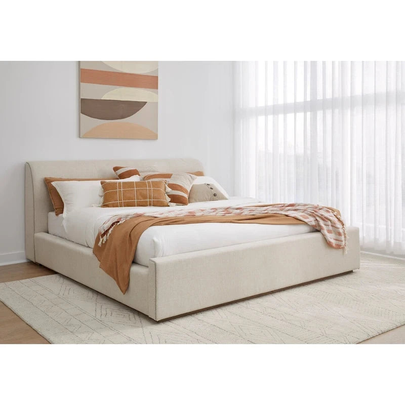Upholstered Platform Bed in Natural Linen