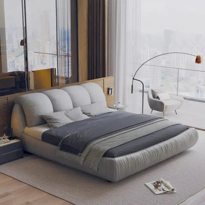 King Size Upholstered Platform Bed with Oversized Padded Backrest