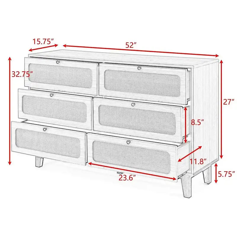 Modern Rattan Solid Wood Dresser with 6 Drawers for Bedroom