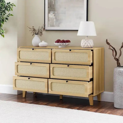 Modern Rattan Solid Wood Dresser with 6 Drawers for Bedroom