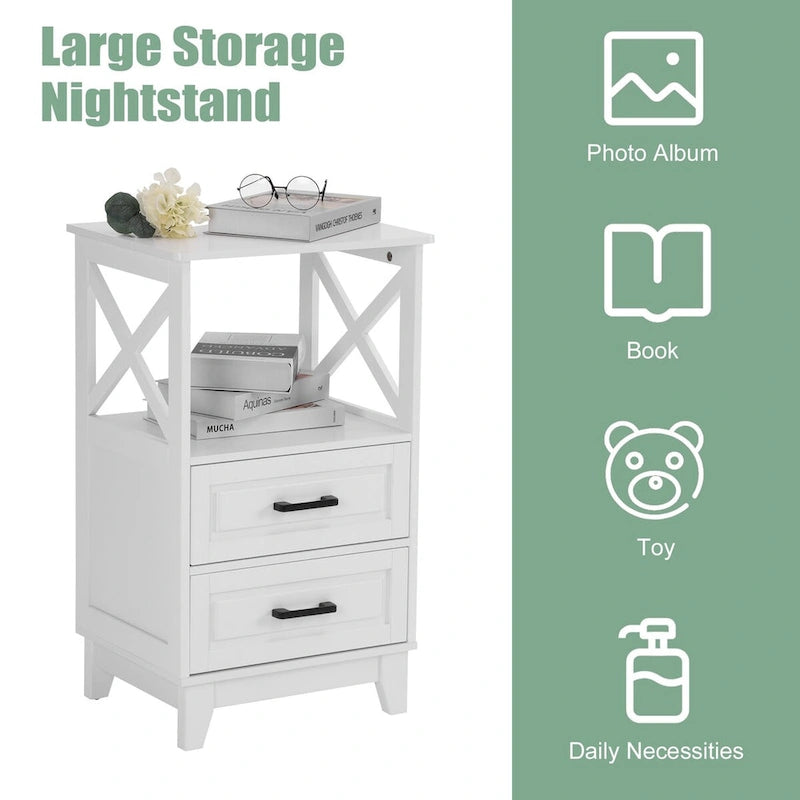 2-Drawer White Wooden Nightstands Storage Cabinet