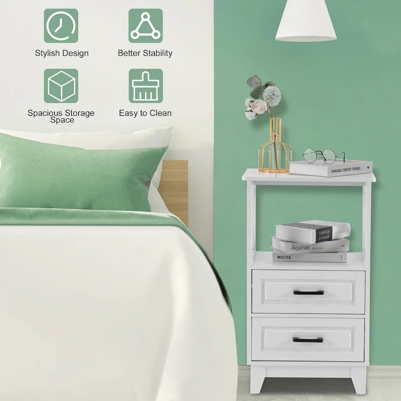 2-Drawer White Wooden Nightstands Storage Cabinet