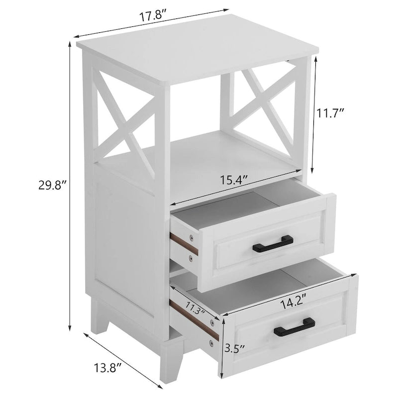 2-Drawer White Wooden Nightstands Storage Cabinet