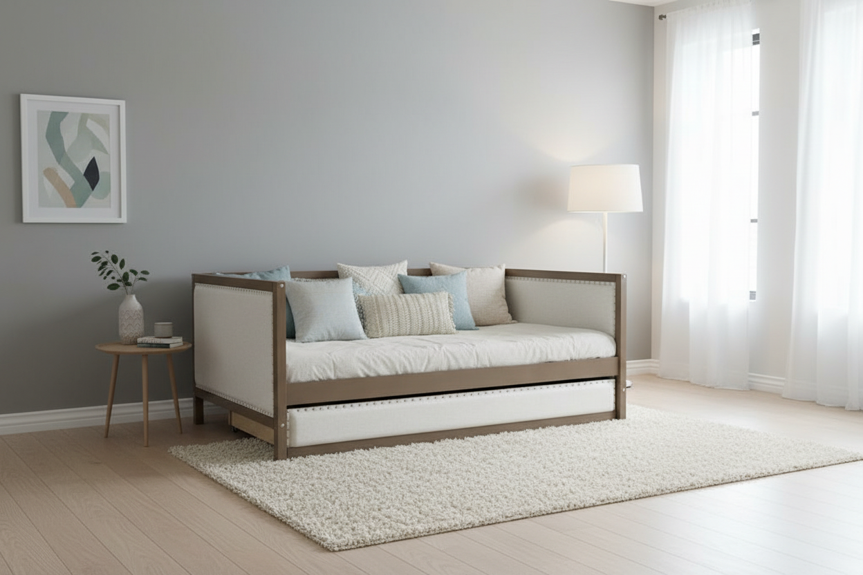 Full Size Upholstered Daybed with Trundle or 2 Drawers and Nailhead Decoration