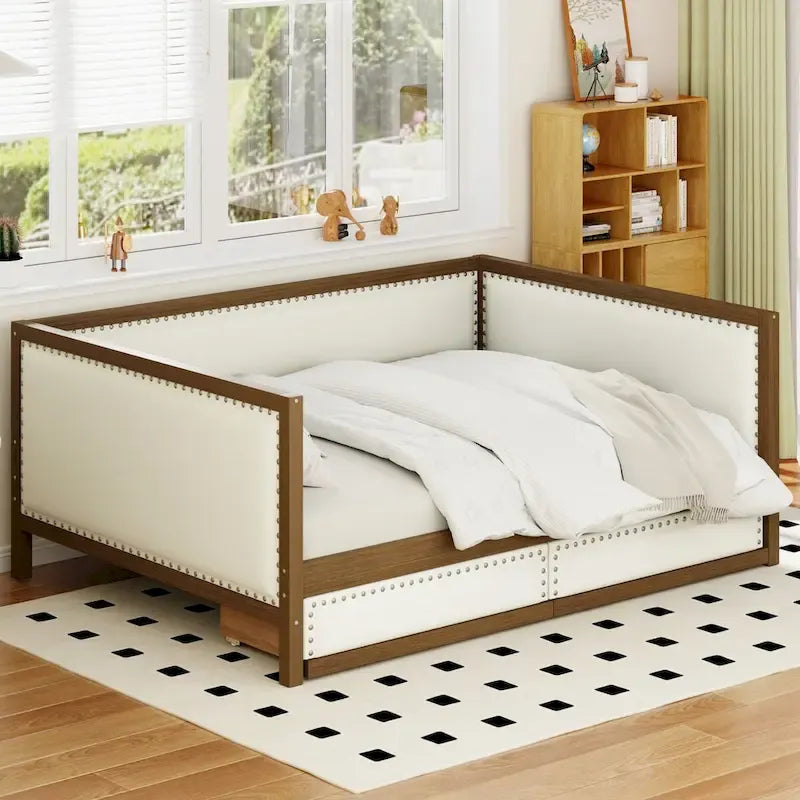 Full Size Upholstered Daybed with Trundle or 2 Drawers and Nailhead Decoration