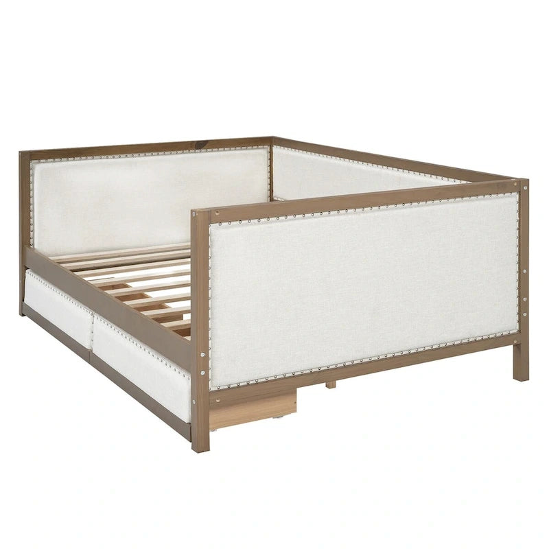 Full Size Upholstered Daybed with Trundle or 2 Drawers and Nailhead Decoration