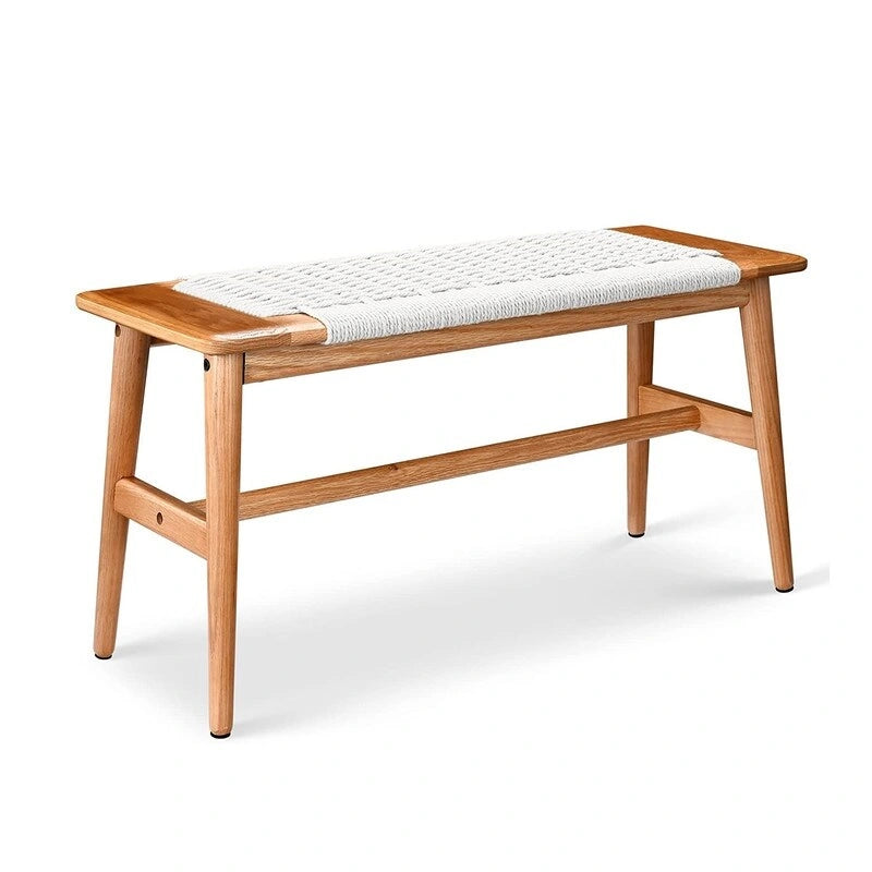 Boho Style Indoor Solid Oak Wood Bench with Woven Rope Seat and Mortise Tenon Joint for Entryway Bedroom Dining Room