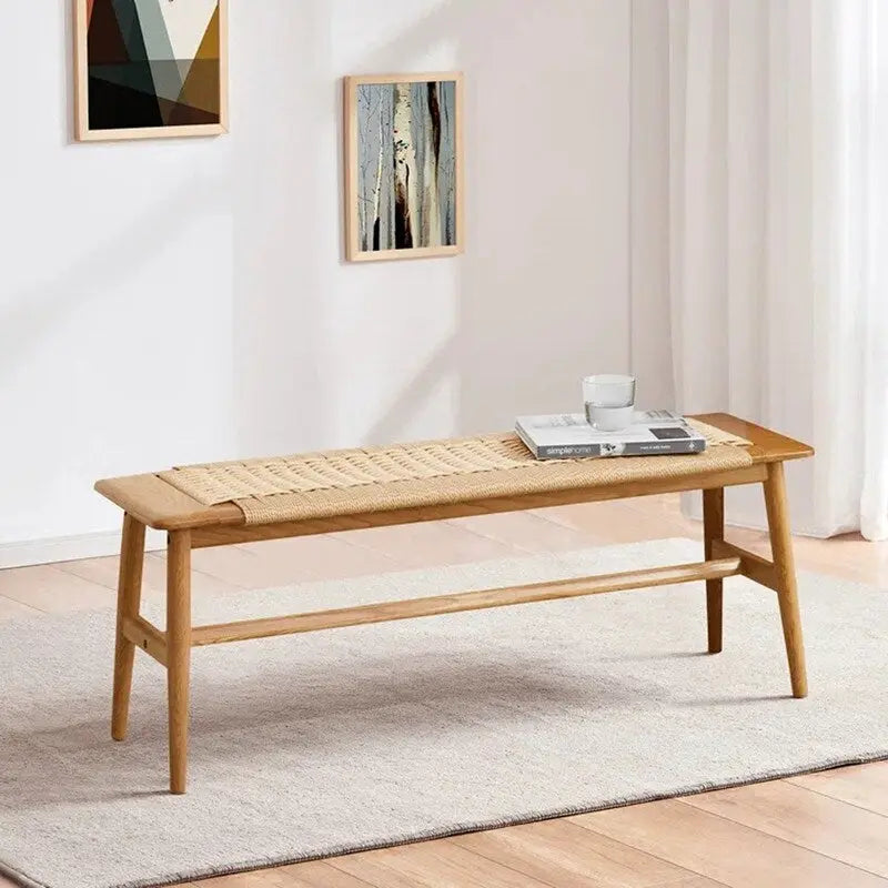 Boho Style Indoor Solid Oak Wood Bench with Woven Rope Seat and Mortise Tenon Joint for Entryway Bedroom Dining Room