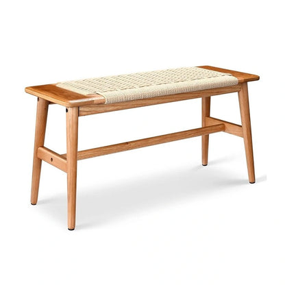 Boho Style Indoor Solid Oak Wood Bench with Woven Rope Seat and Mortise Tenon Joint for Entryway Bedroom Dining Room