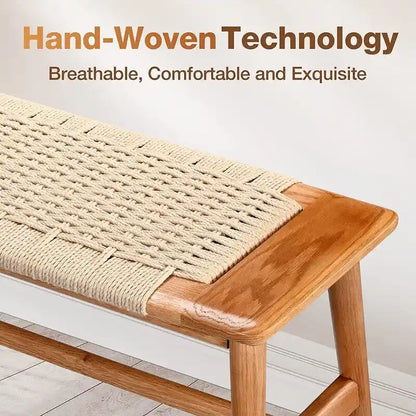 Boho Style Indoor Solid Oak Wood Bench with Woven Rope Seat and Mortise Tenon Joint for Entryway Bedroom Dining Room