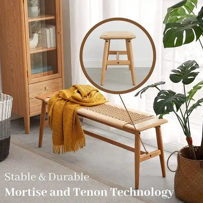 Boho Style Indoor Solid Oak Wood Bench with Woven Rope Seat and Mortise Tenon Joint for Entryway Bedroom Dining Room