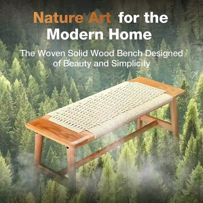 Boho Style Indoor Solid Oak Wood Bench with Woven Rope Seat and Mortise Tenon Joint for Entryway Bedroom Dining Room