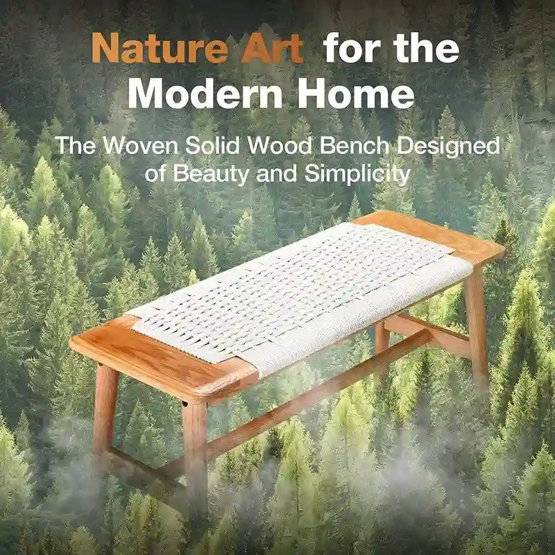 Boho Style Indoor Solid Oak Wood Bench with Woven Rope Seat and Mortise Tenon Joint for Entryway Bedroom Dining Room