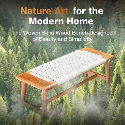 Boho Style Indoor Solid Oak Wood Bench with Woven Rope Seat and Mortise Tenon Joint for Entryway Bedroom Dining Room