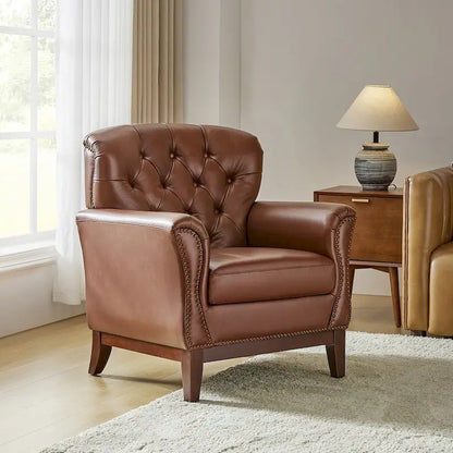 Traditional Genuine Leather Accent Chair with Tufted Wing Back