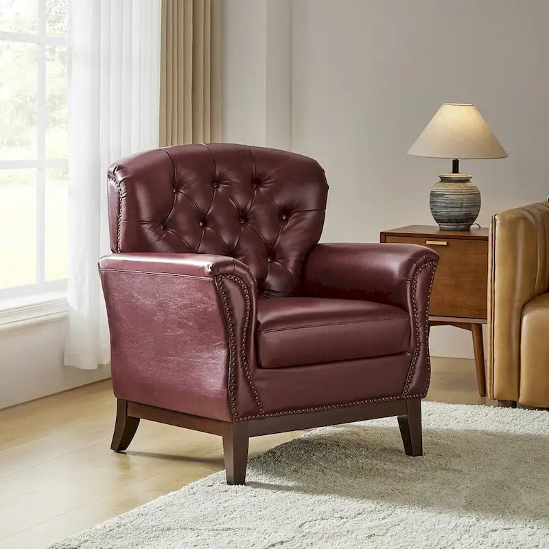 Traditional Genuine Leather Accent Chair with Tufted Wing Back
