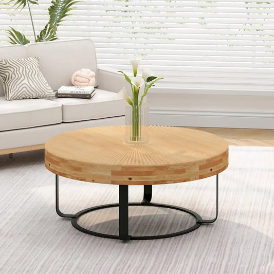 Modern Round Coffee Table Wooden Carving Pattern Coffee Table with Metal Legs for Living Room Reception Room Office ,Black