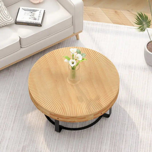 Modern Round Coffee Table Wooden Carving Pattern Coffee Table with Metal Legs for Living Room Reception Room Office ,Black