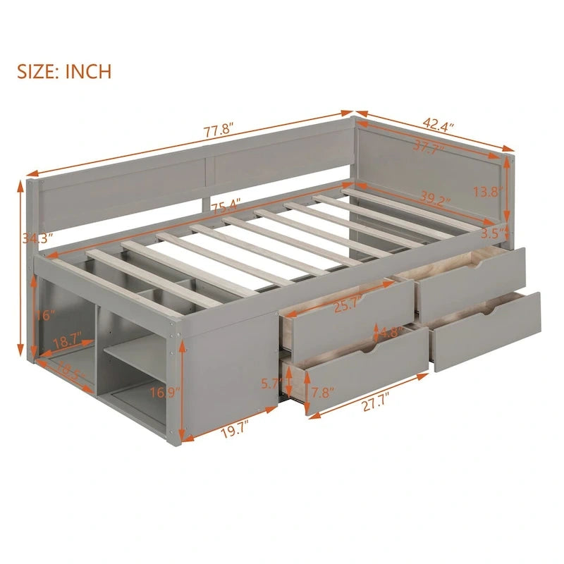Daybed with Storage Drawers and Bookcase Shelves,Captains Corner Day Bed for Kids Boys Girls Adults
