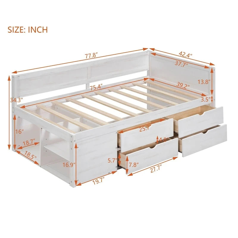 Daybed with Storage Drawers and Bookcase Shelves,Captains Corner Day Bed for Kids Boys Girls Adults