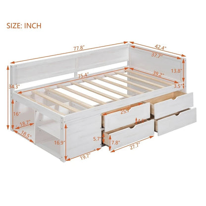 Daybed with Storage Drawers and Bookcase Shelves,Captains Corner Day Bed for Kids Boys Girls Adults