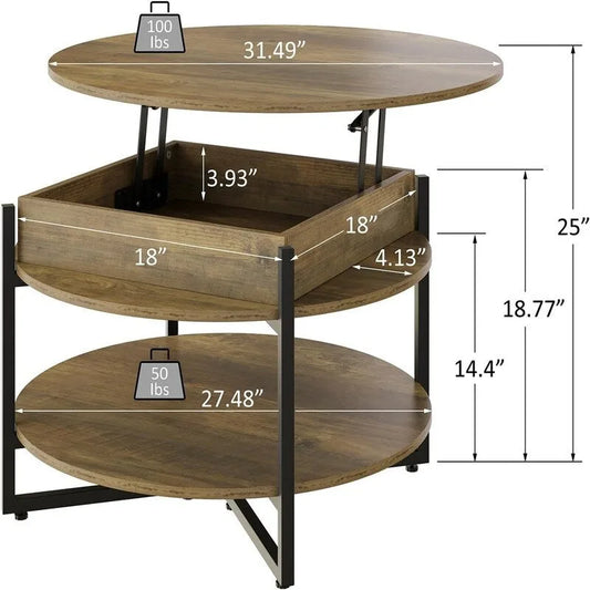 Wood Lift Top Circular Coffee Table - 31.5D x 31.5W x 17.35H