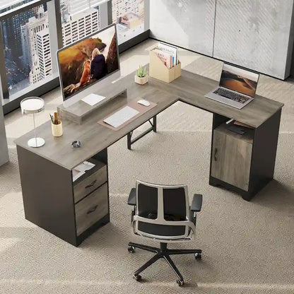 63 L Shaped Home Office Desk with File&Storage Drawers and Cabinet, Computer Desk with Monitor Stand and Open Compartments