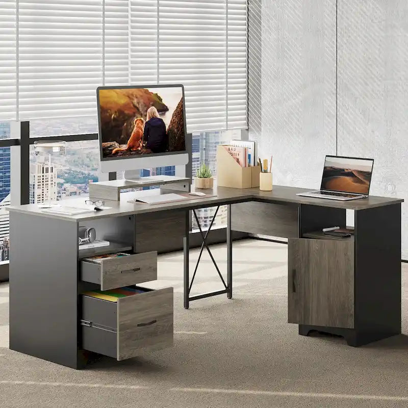 63 L Shaped Home Office Desk with File&Storage Drawers and Cabinet, Computer Desk with Monitor Stand and Open Compartments